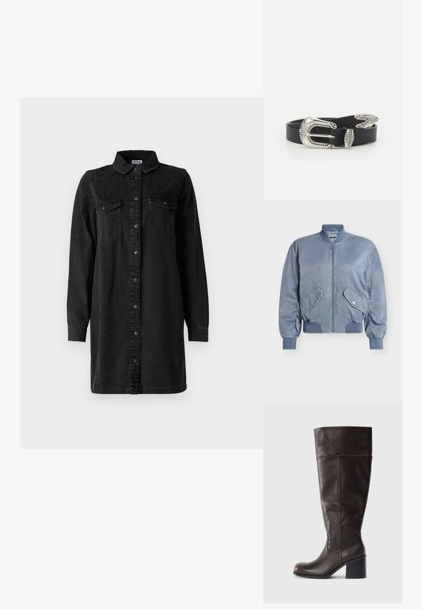 Svetlomodrá bomber bunda so zapínaním na zips vpredu, dvoma vreckami s klopou a patentnými gombíkmi, rebrovanými manžetami, golierom a pásom.; Čierne denimové šaty s gombíkovým uzáverom, golierom, dlhými rukávmi a dvoma prednými vreckami. Vyznačujú sa jednoduchým dizajnom a pevnou látkou.; Hnedá kožená čižma po kolená s okrúhlym špičkou a stacked podpätkom. Má hladkú textúru a bočné šitie ako detail.; Čierny kožený opasok s veľkou striebornou kovovou sponou s prepracovanými detailmi a dekoratívnymi akcentmi na oboch koncoch.