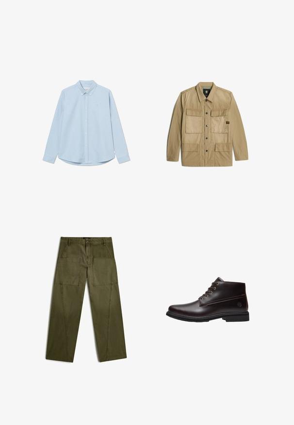 Beige leichte Jacke mit vier Fronttaschen, Druckknöpfen und einem Kragen. Glatte Stoffoberfläche mit leicht matter Optik.; Himmelblaues langärmliges Button-up-Hemd mit spitzem Kragen, einem einzelnen Brustlogo und abgerundetem Saum. Hergestellt aus glattem Gewebe mit schlichter Textur.; Olivgrüne Arbeits-Hose mit weiten Beinen, großen rechteckigen Fronttaschen, Gürtelschlaufen und Knopfverschluss.; Dunkelbrauner Leder-Schnürstiefel mit schwarzer Sohle und dezentem Markenlogo an der Seite, im Profil vor weißem Hintergrund gezeigt.