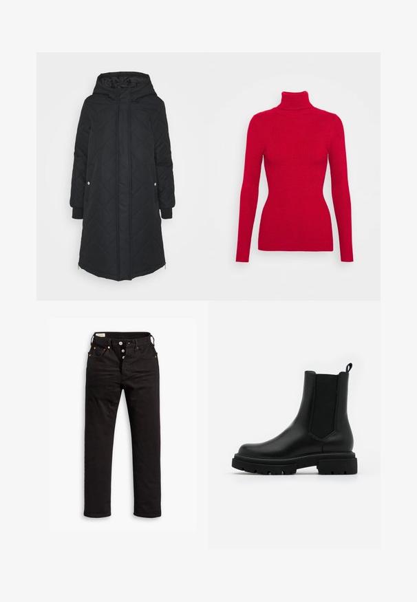 Sort quiltet lang frakke med hætte, der har trykknaplukninger, lynlåslommer på siden og elastiske manchetter. Glat, letvægtsmateriale.; Rød ribbet turtleneck sweater med lange ærmer, struktureret stof, tætsiddende silhuet og høj krave. Ingen synlige detaljer.; Sorte lige jeans med knaplukning, front- og baglommer samt kobbernitte detaljer på en hvid baggrund.; Sorte læder Chelsea-støvler har en glat overflade, elastiske sidetillæg, en løftestang og en kraftig gummisål med en tekstureret slidbane.