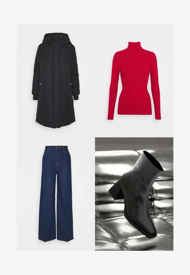 Manteau long matelassé noir avec capuche, équipé de fermetures à pression, de poches latérales zippées et de poignets élastiques. Tissu lisse et léger.; Pull en maille côtelée rouge avec un col roulé, des manches longues, un tissu texturé, une coupe ajustée et un col montant. Pas d'embellissements visibles.; Jean en denim bleu foncé à taille haute et jambes larges, avec poches avant et arrière, fermeture à bouton et coutures visibles.; Botte noire à la cheville en matériau brillant avec un bout carré et un talon effilé, sur un fond argenté brillant et capitonné.