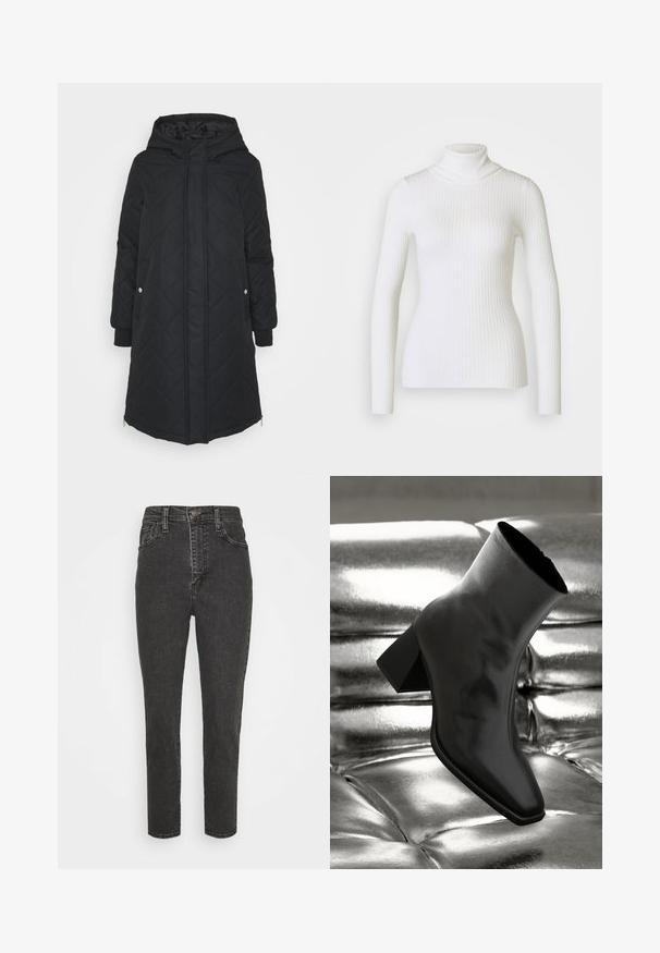 Sort quiltet lang frakke med hætte, der har trykknaplukninger, lynlåslommer på siden og elastiske manchetter. Glat, letvægtsmateriale.; Hvid ribbet turtleneck sweater med lange ærmer, der har en tætsiddende design og blød tekstur. Flad krave og sømløst udseende.; Højtaljede sorte denim jeans med slim fit, der har en knaplukning, bælteløkker og klassisk fem-lomme-design.; Sorte ankelstøvler lavet af glossy materiale med firkantet tå og spidse hæle, sat mod en skinnende sølv tuftet baggrund.