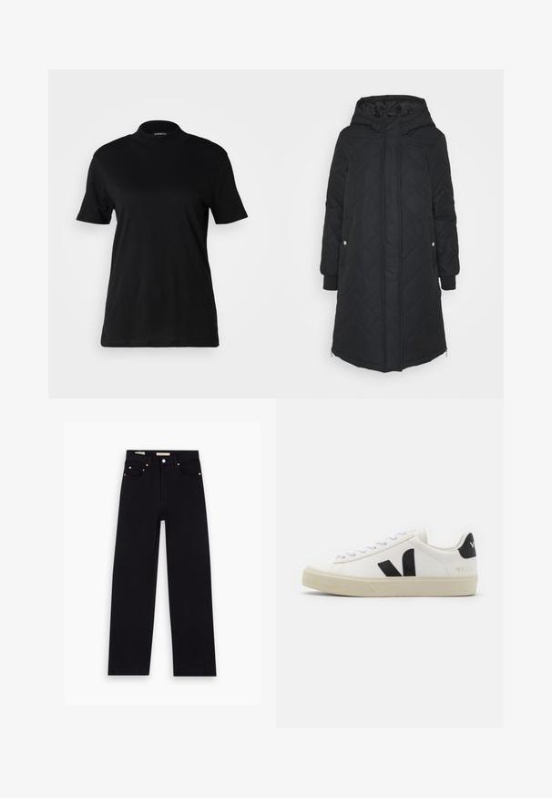 Abrigo largo negro acolchado con capucha, que presenta cierres a presión, bolsillos laterales con cremallera y puños elásticos. Tejido suave y ligero.; Camiseta negra de manga corta con un cuello alto, hecha de tela de algodón suave. Diseño simple sin patrones ni gráficos visibles.; Jeans de mezclilla negros con corte recto, cinco bolsillos, herrajes de cobre y una textura suave. Dos etiquetas visibles en la cinturilla.; Zapatilla de cuero blanca con logo V de goma negra. Suela texturizada en blanco roto, cordones blancos y detalle en el talón trasero con el nombre de la marca en negro.