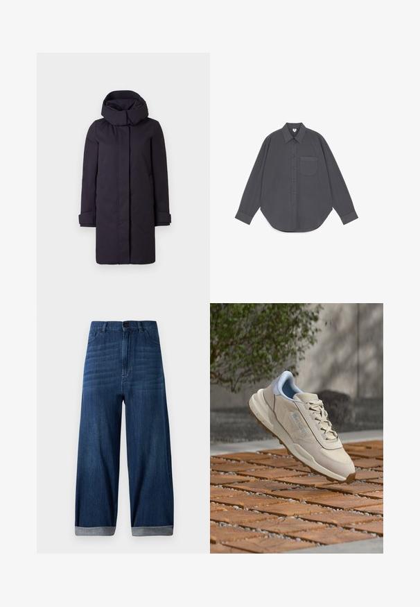 Parka mi-longue de couleur violet foncé avec un col haut, dotée de manches longues et de poignets retroussés. Fabriquée dans un matériau lisse et durable.; Chemise gris foncé à manches longues avec boutons, col pointu et une seule poche poitrine, présentée sur fond blanc.; Jean en denim bleu foncé à jambes larges avec ourlets retroussés, bouton avant et poches sur un fond clair.; Chaussure de course beige avec une tige en maille texturée, des accents bleu clair, et une semelle épaisse en caoutchouc avec de petites protubérances pour la traction.