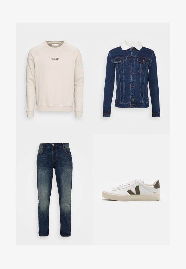 Donkerblauwe denimjack met een witte faux fur kraag, knoopsluiting, twee borstzakken en subtiele stikdetails.; Crème-kleurige sweatshirt met raglanmouwen, ribgebreide manchetten en zoom. Bevat een zwart tekstlogo aan de voorkant. Zacht, geweven stof.; Donkerblauwe jeans met een vervaagde uitstraling. Gemaakt van denimstof, met een knoopsluiting, riemlussen en een vijf-pocket ontwerp.; Witte leren sneakers met een lichtbeige rubberen zool. Voorzien van een bruine suède V-logo en hieltab. Gespsluiting met een gestructureerd oppervlak.