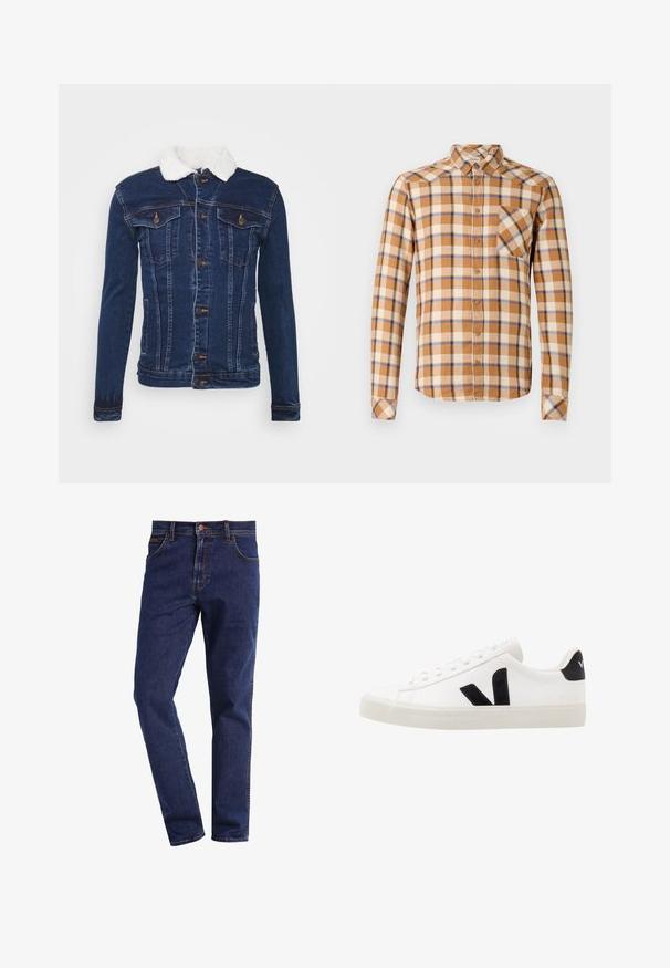 Dunkelblaue Jeansjacke mit weißem Kunstpelzkragen, Knopfleiste, zwei Brusttaschen und dezenten Nähdetails.; Kariertes Hemd in Braun, Creme und Blau, mit einem Button-Down-Kragen, langen Ärmeln und einer Brusttasche mit diagonaler Schnittführung.; Dunkelblaue gerade geschnittene Denim-Jeans mit Vordertaschen, Knopfverschluss, Gürtelschlaufen und sichtbaren Nähten.; Weiße Leder-Sneaker mit schwarzen Wildlederelementen; verfügen über eine Gummisohle, eine runde Spitze und ein klassisches Schnürdesign. Seitliches Logo in Schwarz.
