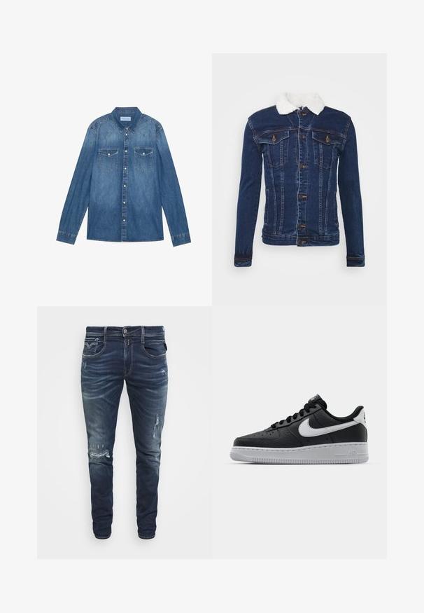 Mørkeblå denimjakke med hvid faux fur-krave, knaplukning, to brystlommer og subtile syninger.; Mørkeblå denimskjorte med lange ærmer, klassisk krave, knaplukning fortil, to brystlommer og kontrasterende stiklinger på sømmene.; Mørkeblå denim jeans med slim fit, der har en falmet tekstur, slid på knæene og standard fem-lomme design.; Sort lædersneaker med tekstureret overflade, hvid Nike swoosh, grå sål, rund tå og snørebåndsdesign. Har perforeringer på tåboksen.