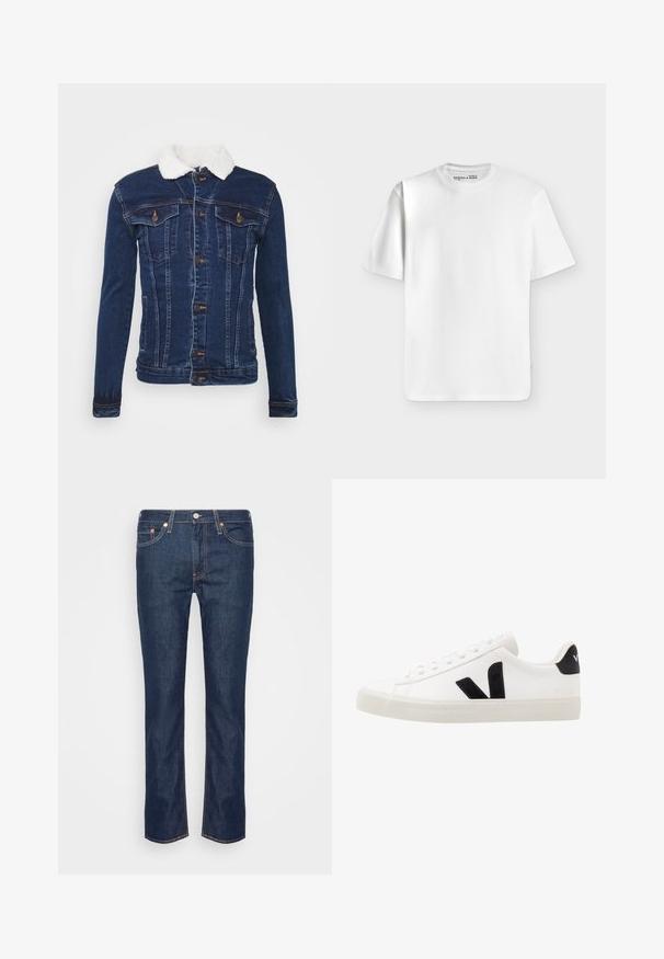 Donkerblauwe denimjack met een witte faux fur kraag, knoopsluiting, twee borstzakken en subtiele stikdetails.; Effen wit T-shirt met korte mouwen en een ronde hals, plat liggend op een lichtgrijze achtergrond met een klein merkje aan de binnenkant van de halslijn.; Donkerblauwe rechte spijkerbroek met oranje stiksels, vijf zakken en een ritssluiting met knoop aan de voorkant.; Witte leren sneaker met zwarte suède accenten; voorzien van een rubberen zool, ronde neus en een klassieke vetersluiting. Zijkant met logo in het zwart.