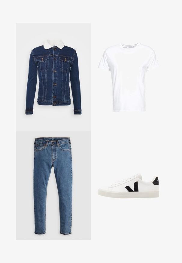 Donkerblauwe denimjack met een witte faux fur kraag, knoopsluiting, twee borstzakken en subtiele stikdetails.; Witte katoenen t-shirt met een ronde hals en korte mouwen, in een klassiek model met een gladde textuur. Geen patronen of hardware zichtbaar.; Blauwe denim jeans met een rechte snit, vijf zakken, oranje stiksels en een klassieke knoop- en ritssluiting. Versleten textuur langs de benen.; Witte leren sneaker met zwarte suède accenten; voorzien van een rubberen zool, ronde neus en een klassieke vetersluiting. Zijkant met logo in het zwart.