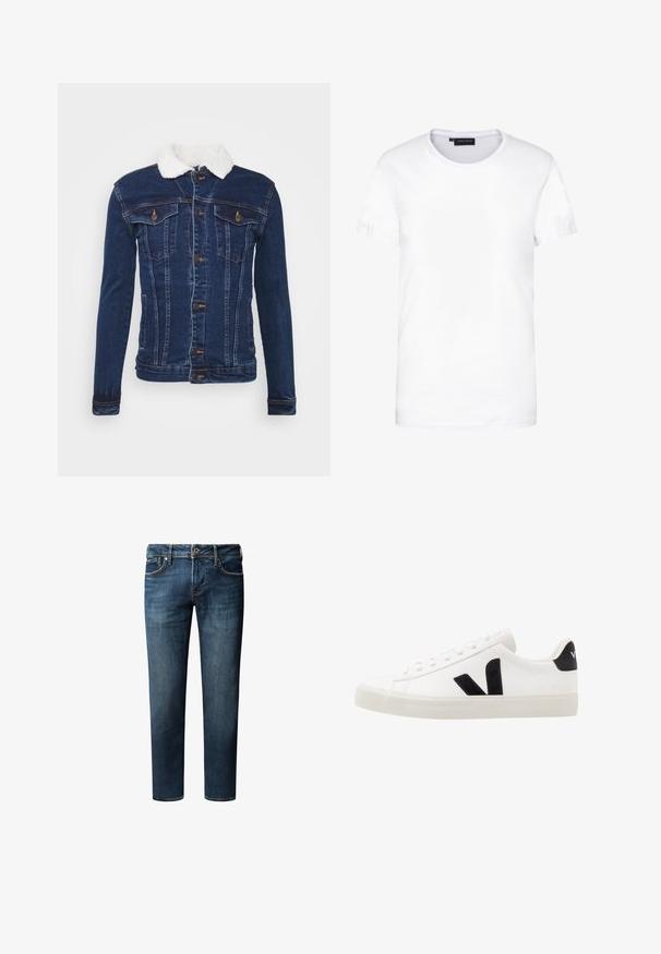 Donkerblauwe denimjack met een witte faux fur kraag, knoopsluiting, twee borstzakken en subtiele stikdetails.; Witte katoenen t-shirt, korte mouwen, ronde halslijn, eenvoudige uitstraling, zachte textuur, recht gesneden, standaard pasvorm, geen zichtbare patronen of accenten.; Donkerblauwe spijkerbroek met een recht pijpontwerp, voorzien van vijf zakken, een knoopsluiting en subtiele vervagingdetails op de stof.; Witte leren sneaker met zwarte suède accenten; voorzien van een rubberen zool, ronde neus en een klassieke vetersluiting. Zijkant met logo in het zwart.