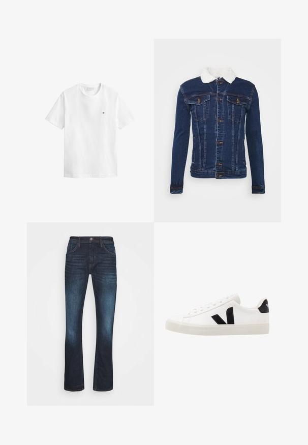Veste en denim bleu foncé avec un col en fausse fourrure blanche, fermeture à boutons, deux poches poitrine et de subtils détails de couture.; T-shirt blanc à manches courtes avec col rond, petit logo bouclier brodé sur la poitrine gauche et étiquette GANT à l'intérieur du col.; Jean droit bleu foncé en denim, avec poches avant, fermeture à bouton, et décoloration le long des cuisses pour un look usé.; Sneaker blanche en cuir avec des accents en daim noir ; dispose d'une semelle en caoutchouc, d'un bout rond et d'un design classique à lacets. Logo latéral en noir.