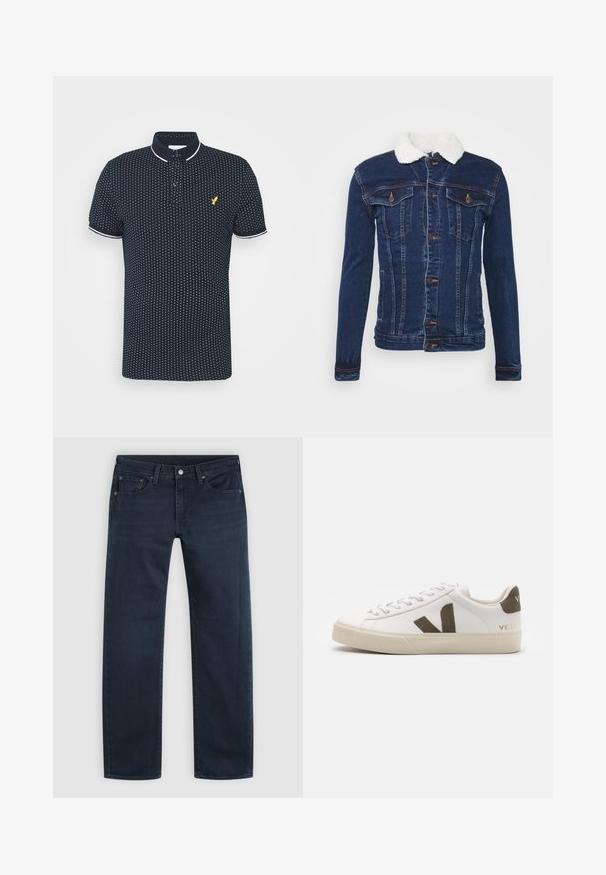 Chaqueta de mezclilla en azul oscuro con un cuello de piel sintética blanca, cierre de botones, dos bolsillos en el pecho y detalles de costura sutil.; Polo navy con un pequeño patrón de puntos blancos, mangas cortas, acentos blancos en el cuello y los puños, y un logo amarillo en el pecho.; Vaqueros de mezclilla azul oscuro de pierna recta con botón y cremallera delanteros, trabillas para cinturón y estilo de cinco bolsillos sobre un fondo claro.; Zapatillas de cuero blanco con una suela de goma beige claro. Presenta un logo en forma de V de gamuza marrón y una pestaña en el talón. Cierre con cordones y superficie texturizada.