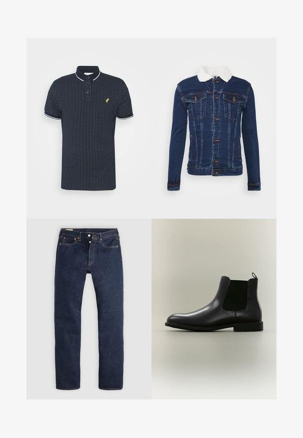 Chaqueta de mezclilla en azul oscuro con un cuello de piel sintética blanca, cierre de botones, dos bolsillos en el pecho y detalles de costura sutil.; Polo navy con un pequeño patrón de puntos blancos, mangas cortas, acentos blancos en el cuello y los puños, y un logo amarillo en el pecho.; Vaqueros azul oscuro de pierna recta con bragueta de botones, bolsillos delanteros y traseros, y costuras de contraste, dispuestos planos sobre un fondo claro.; Bota Chelsea de cuero negro con paneles laterales elásticos y una lengüeta en un fondo neutro, mostrada de perfil.