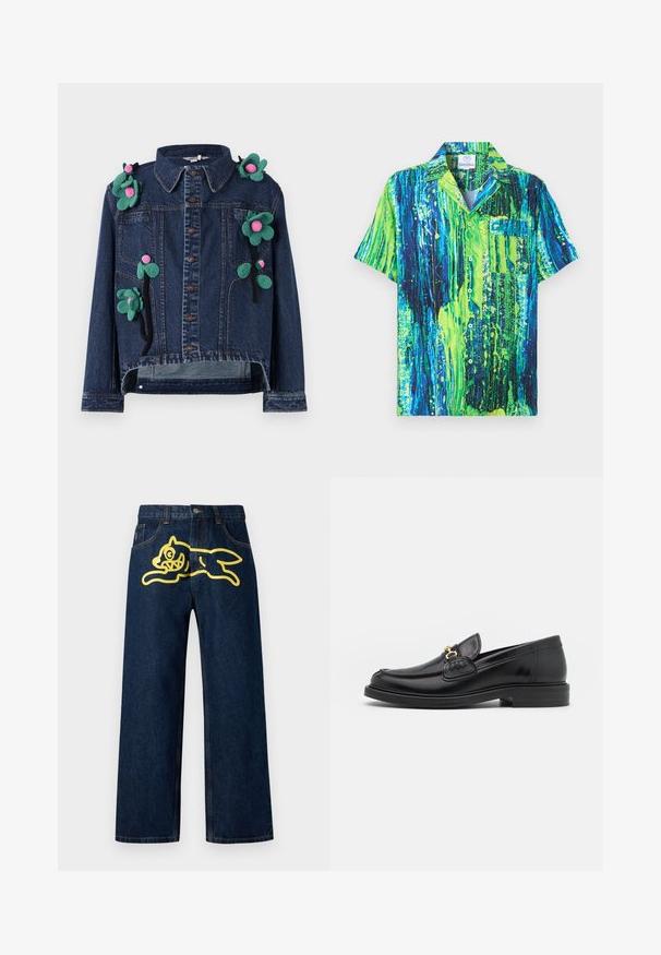 Denimjakke med frontknapper, krave og blomsterapplikationer i grøn og pink, med en cropped design og afslappet pasform.; Kortærmet skjorte med et levende abstrakt mønster i blå og grøn, lavet af letvægtsstof med spidst krave og brystlomme.; Mørkeblå denim jeans med et stort gult grafisk motiv af en springende karakter på baglommen. Lige ben design med standard syninger.; Sorte læder loafers med en rund tå, der har guld hardware accent og syningsdetaljer, placeret på en lav, tekstureret gummisål.