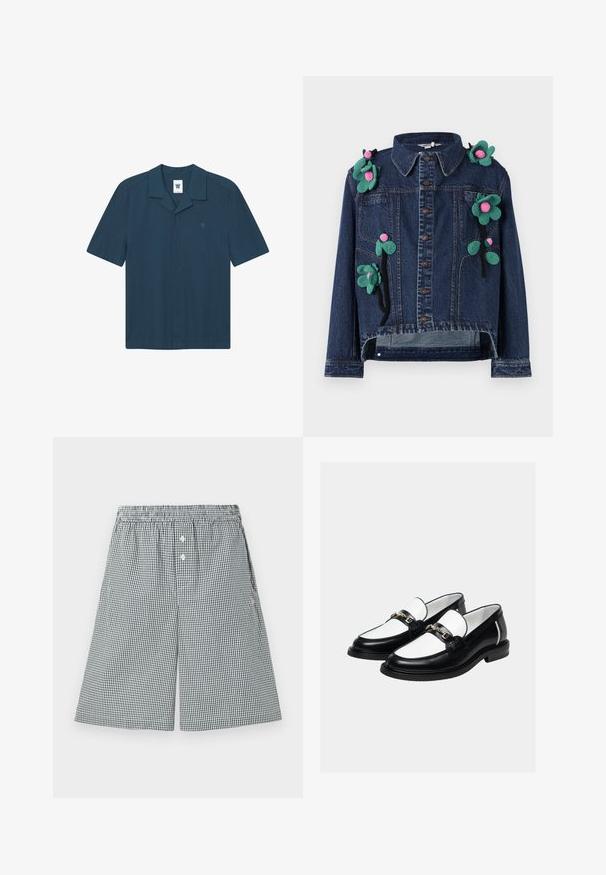 Veste en denim avec des boutons sur le devant, un col et des appliqués floraux en vert et rose, présentant un design court et une coupe décontractée.; Chemise à manches courtes, bleu foncé, en tissu léger. Dotée d'un col plat, d'un logo sur la poitrine et d'une coupe droite.; Shorts à motif vichy noir et blanc, fabriqués en tissu léger. Présentent une taille élastique et des détails en boutons à l'avant.; Paire de mocassins en cuir noir et blanc avec un détail de chaîne dorée sur le dessus, sur un fond clair uni.