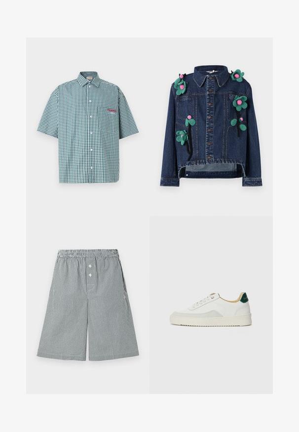 Denim jope eesmine nööpide, krae ja roheliste ning roosade lillede appliquédega, millel on lühendatud disain ja mugav lõige.; Lühikese varrukaga särk rohelise ja valge ruuduline muster. Omab nööbisoont, kraed ja rindepüksi punase tikandiga.; Mustvalged mustvalged ruudulised lühikesed püksid on valmistatud kerge kangaga. Omab elastset vööd ja nööpdetailidega esiosas.; Valged tennisjalanõud, millel on sametised aktsendid, ümar varvas, lame nöörid ja kreemjas kummine põhja. Hästi nähtav roheline bränding kannal.