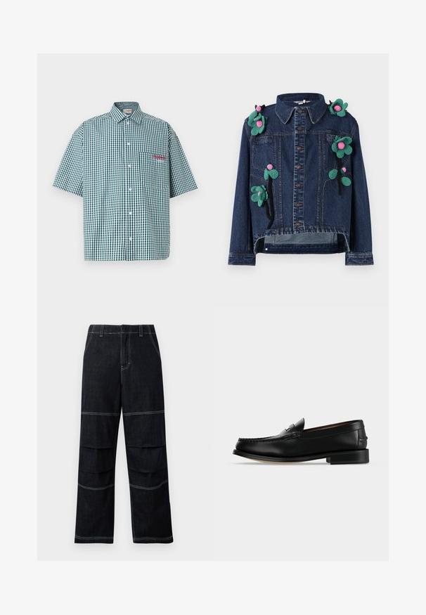 Denimjack met knopen aan de voorkant, kraag en bloempotloodjes in groen en roze, met een cropped ontwerp en een relaxte fit.; Korte mouwen overhemd in een groen-wit ruitpatroon. Voorzien van een knoopsluiting, een kraag en een borstzak met rode borduurstof.; Donker denim wijduitlopende broeken met een hoge taille, voorzien van contrasterende stiksels en gelaagde zakken over de dijen.; Zwarte leren herenloafer met een lage hak en mocassinstiksels op de teen, zijaanzicht op een effen achtergrond.