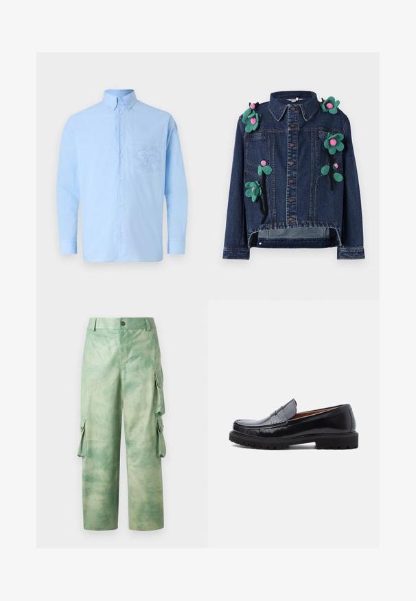 Denimjakke med frontknapper, krave og blomsterapplikationer i grøn og pink, med en cropped design og afslappet pasform.; Lys blå langærmet skjorte med knapper lavet af bomuld, der har en brystlomme med et detaljeret grafisk design. Glat tekstur med en standard krave.; Les Benjamins VINTAGE PANT - Skindbukser - army green; Sorte læder penny loafer med chunky gummisål og moc toe syninger, vist i profil på en hvid baggrund.