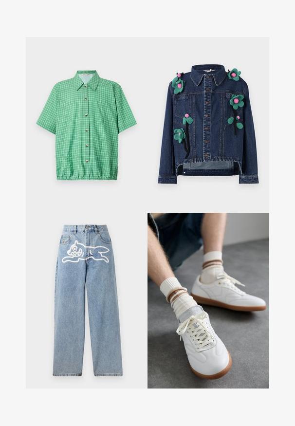 Chaqueta de mezclilla con botones frontales, cuello y apliques florales en verde y rosa, con un diseño recortado y un ajuste relajado.; Camisa verde de manga corta con un patrón de cuadrícula, que cuenta con una parte delantera con botones, cuello y un dobladillo inferior elástico para un ajuste relajado.; Vaqueros de mezclilla en azul claro con un corte relajado y de pierna ancha. Presenta un gráfico blanco de un gato corriendo en la parte trasera. Clásico diseño de cinco bolsillos.; Zapatillas de cuero blanco con una textura suave, detalles en gamuza gris, suelas de goma beige y cordones planos. Combinadas con calcetines a rayas en tonos crema y marrón.