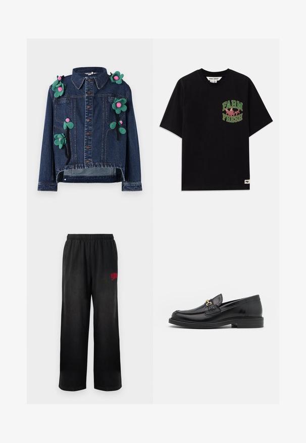 Denimjakke med frontknapper, krave og blomsterapplikationer i grøn og pink, med en cropped design og afslappet pasform.; Sort bomulds t-shirt med et grafisk print i grøn og pink tekst, der siger "FARM FRESH", med en løs pasform og korte ærmer.; Sorte sweatpants med elastisk talje og sidelommer. Har rød "Billionaire Boys Club" logo på højre lår. Blød, glat tekstur.; Sorte læder loafers med en rund tå, der har guld hardware accent og syningsdetaljer, placeret på en lav, tekstureret gummisål.