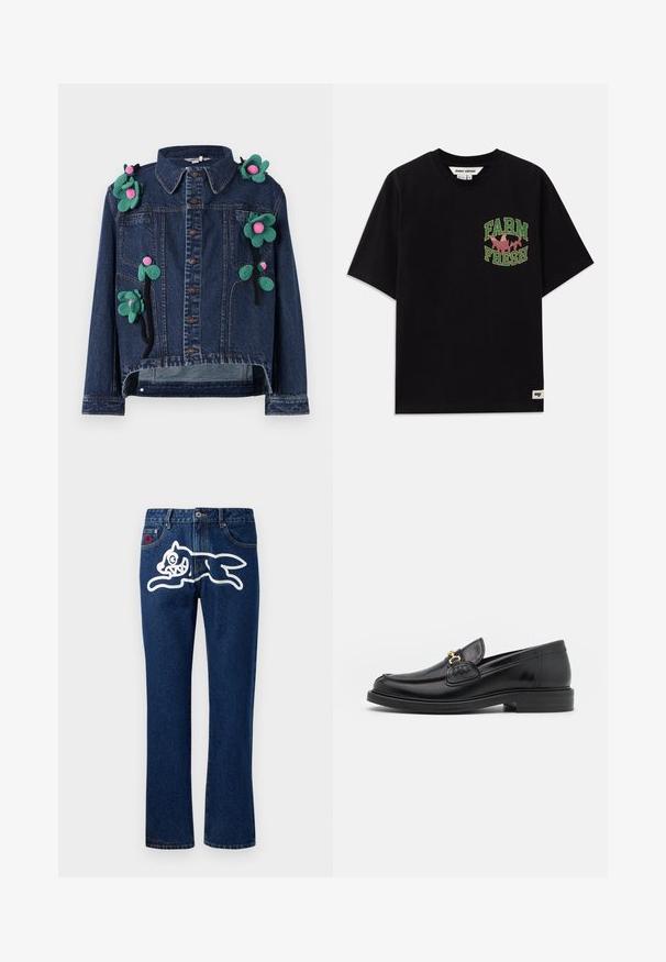 Denimjakke med frontknapper, krave og blomsterapplikationer i grøn og pink, med en cropped design og afslappet pasform.; Sort bomulds t-shirt med et grafisk print i grøn og pink tekst, der siger "FARM FRESH", med en løs pasform og korte ærmer.; Blå denim jeans med lige ben, der har et stort hvidt grafisk motiv af et springende væsen på den bageste lomme. Standard femlomme-design.; Sorte læder loafers med en rund tå, der har guld hardware accent og syningsdetaljer, placeret på en lav, tekstureret gummisål.