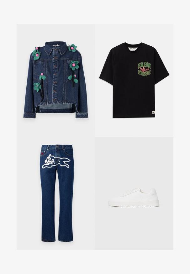 Denimjakke med frontknapper, krave og blomsterapplikationer i grøn og pink, med en cropped design og afslappet pasform.; Sort bomulds t-shirt med et grafisk print i grøn og pink tekst, der siger "FARM FRESH", med en løs pasform og korte ærmer.; Blå denim jeans med lige ben, der har et stort hvidt grafisk motiv af et springende væsen på den bageste lomme. Standard femlomme-design.; Hvid sneaker med en glat læderoverdel, rund tå, snørebånd, teksturerede sideaccenter og en tyk gummisål. Minimalistisk design.