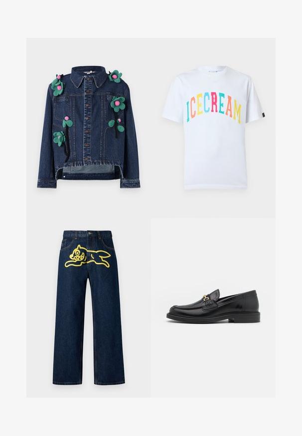 Denimjack met knopen aan de voorkant, kraag en bloempotloodjes in groen en roze, met een cropped ontwerp en een relaxte fit.; Wit katoenen T-shirt met de tekst "ICECREAM" in bonte, speelse letters. Klassieke ronde hals en korte mouwen.; Donkerblauwe spijkerbroek met een grote gele afbeelding van een springend karakter op de achterzak. Rechte pijpen met standaard stiksels.; Zwarte leren instappers met een ronde neus, voorzien van een gouden hardware accent en stikdetails, geplaatst op een lage, getextureerde rubberen zool.