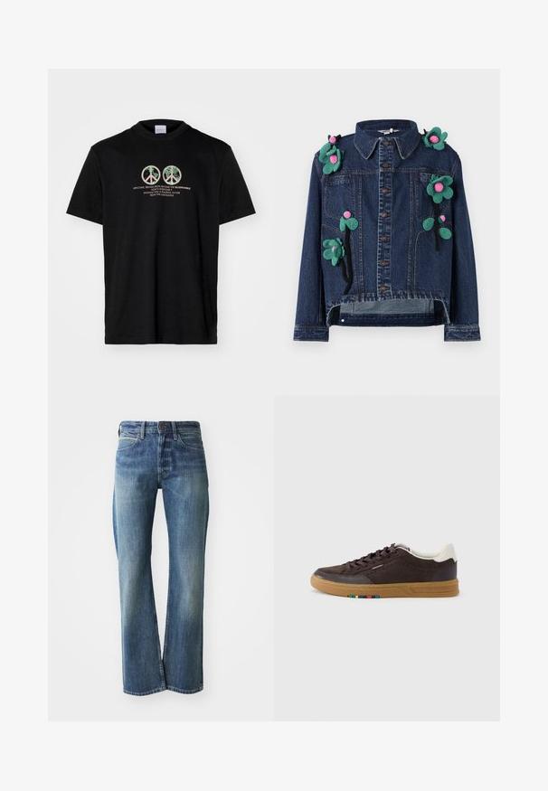 Denimjack met knopen aan de voorkant, kraag en bloempotloodjes in groen en roze, met een cropped ontwerp en een relaxte fit.; Zwarte katoen t-shirt met twee vredeteken graphics en de tekst: "WELCOME, BEINGS FROM BEYOND THE BLUEMARBLE" in kleurrijke afdruk.; Denim jeans in een licht tot gemiddeld blauwe kleur, met een recht gesneden pijp, klassiek vijf-pocket ontwerp en subtiele vervaging aan de voorkant.; Donkerbruine suède sneaker met een gumzool, witte hielband, vetersluiting en een klein meerkleurig detail aan de zijkant van de zool.