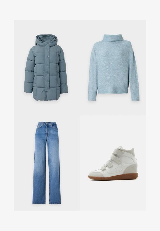 Lyseblå polstret jakke med hætte, som har knaplukning foran og quiltet design. Materialet ser blødt ud, med synlige sømme og tekstur.; Lyseblå sweater med høj krave, lange ærmer og blød tekstur. Har spredte sølvglitrende detaljer over det hele.; Lyseblå vide denimbukser med høj talje, frontlommer og standard knaplukning. Glat tekstur.; Højtop hvid sneaker med tre velcrolukninger, perforeret side, ruskind detaljer og en brun gummisål på en ensfarvet baggrund.