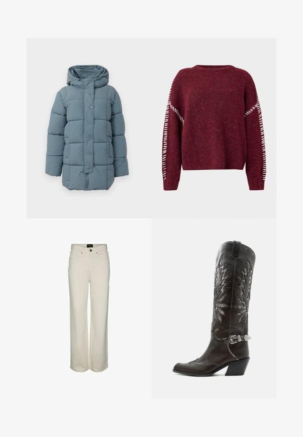 Manteau matelassé bleu clair avec capuche, doté d'une fermeture à boutons sur le devant et d'un design matelassé. Le matériau semble doux, avec des coutures et une texture visibles.; Pull en tricot bordeaux avec une finition texturée, présentant des accents de couture blanche le long des manches et un col rond. Coupe boxy.; Pantalon en denim crème à jambe large, avec fermeture à bouton et zip, cinq poches et détails de couture subtils. En matière de coton.; Botte de cowboy en cuir noir avec découpes décoratives, boucle argentée et talon incliné, présentée sur fond blanc.