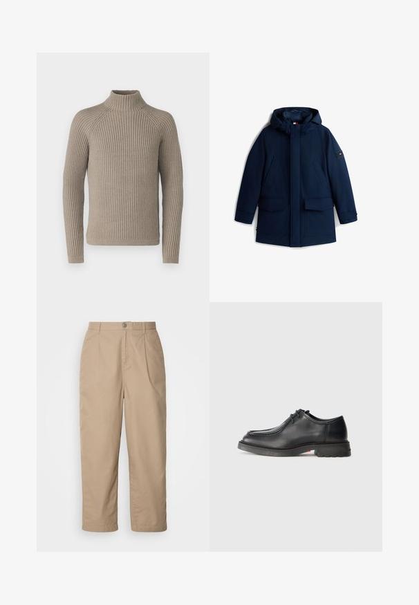 Mørkeblå vinterjakke med hætte, lynlås foran, trykknapper, to brystlommer og to store lommer med klap nederst.; Beige ribbet turtleneck sweater med lange ærmer, som har en tætsiddende silhuet og struktureret strikkemønster. Lavet af et blødt materiale.; Beige, lette bomuldsbukser med plisset front, knaplukning og lige ben, der har en glat tekstur og ingen synlige mønstre.; Sorte lædersko med glat tekstur, rund tå og lav, præget syning. Tykk gummisål med let hæl og skridsikker mønster.