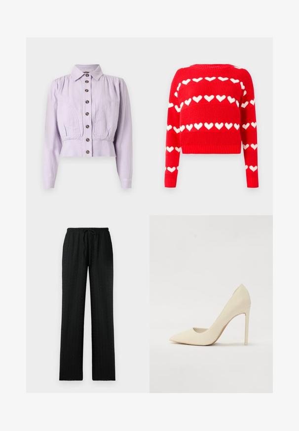 Lavendelfarbene Bluse mit langen Ärmeln, Kragen, vorderer Knopfleiste, geraffter Taille und geschwungenen Nahtdetails auf der Brust.; Rotes gestricktes Crop-Top mit weißen Herzmustern. Verfügt über einen Rundhalsausschnitt und gerippte Bündchen und Saum. Weiche Textur und lässige Passform.; Schwarze, strukturierte, weit geschnittene Hosen mit elastischem Bund und verstellbarem Kordelzug; entworfen für Komfort und eine lässige Passform.; Spitz zulaufender, cremefarbener High Heel aus glattem Leder mit schmalem Stiletto-Absatz und einem leichten Ausschnitt an den Seiten.