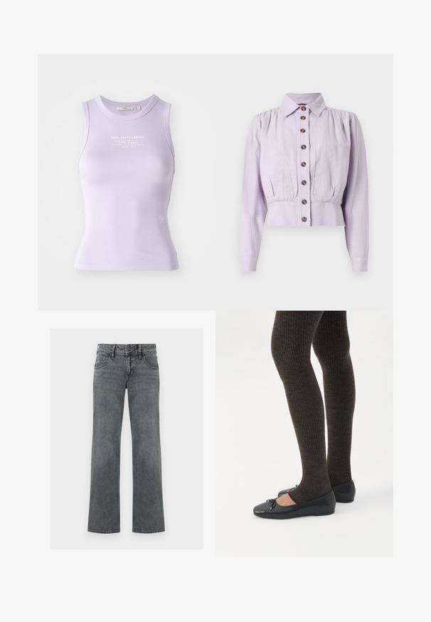 Blouse lavande à manches longues avec col, fermeture à boutons devant, taille froncée et détails de couture incurvés sur la poitrine.; Débardeur lilas à côtes avec une coupe ajustée, encolure ronde et impression du logo en blanc sur le devant. Texture douce et design sans manches.; Jeans en denim gris à jambe droite avec bouton frontal, fermeture éclair et cinq poches, présentés sur un fond blanc.; Jambes portant des leggings côtelés foncés associés à des ballerines noires avec de petits détails en nœud sur fond blanc.