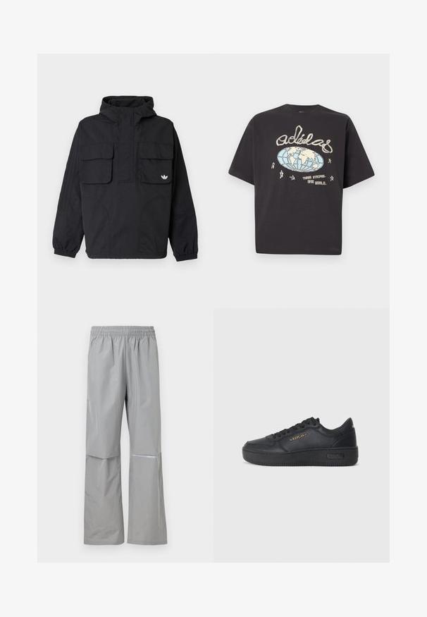 Chaqueta pulóver negra hecha de tela ligera. Cuenta con capucha, dos bolsillos frontales con solapa y puños acanalados con tres rayas en las mangas.; Camiseta negra de Adidas con un gráfico de un globo beige y azul, logo de Adidas manuscrito, estrellas y texto "Three Stripes. One World."; Pantalones impermeables de lluvia de color gris claro con cintura elástica y banda reflectante en la pierna derecha, diseñados para uso al aire libre.; Replay EPIC HIGH - Zapatillas - black