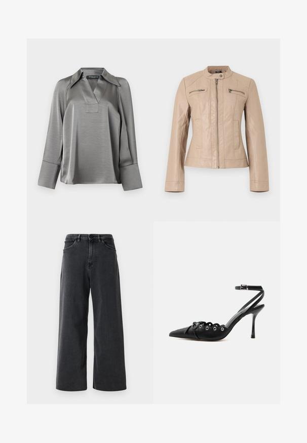 Veste en similicuir beige clair avec col montant, fermeture éclair frontale, deux poches poitrine zippées et deux poches latérales verticales.; Blouse en satin argenté avec un col pointu, un décolleté en V et des manches longues avec de larges poignets. Texture lisse avec un léger éclat.; Jean en denim large noir avec bouton et fermeture éclair à l'avant, passants de ceinture et poches avant sur un fond blanc uni.; Chaussure à talon haut noire à bout pointu, bords festonnés, œillets métalliques, lacets à l'avant et bride de cheville avec fermeture à boucle.