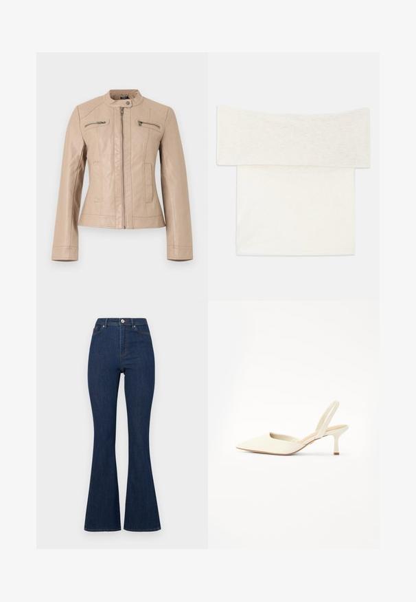 Lichtbeige imitatieleren jas met hoge kraag, ritssluiting aan de voorkant, twee ritssluitingen op de borst en twee verticale zijzakken.; Off-shoulder top van een zachte witte brei stof, met een brede halslijn en een rechte snit. Zachte textuur met minimale ontwerpelementen.; Donkerblauwe spijkerbroek met uitlopende pijpen en een hoge taille, voorzien van een rits en knoop, en subtiele stiksels langs de naden.; Gesloten pumps met spitse neus en slingback-ontwerp in een glad, offwhite materiaal met een subtiele glans, voorzien van een slanke hak en een minimalistisch design.