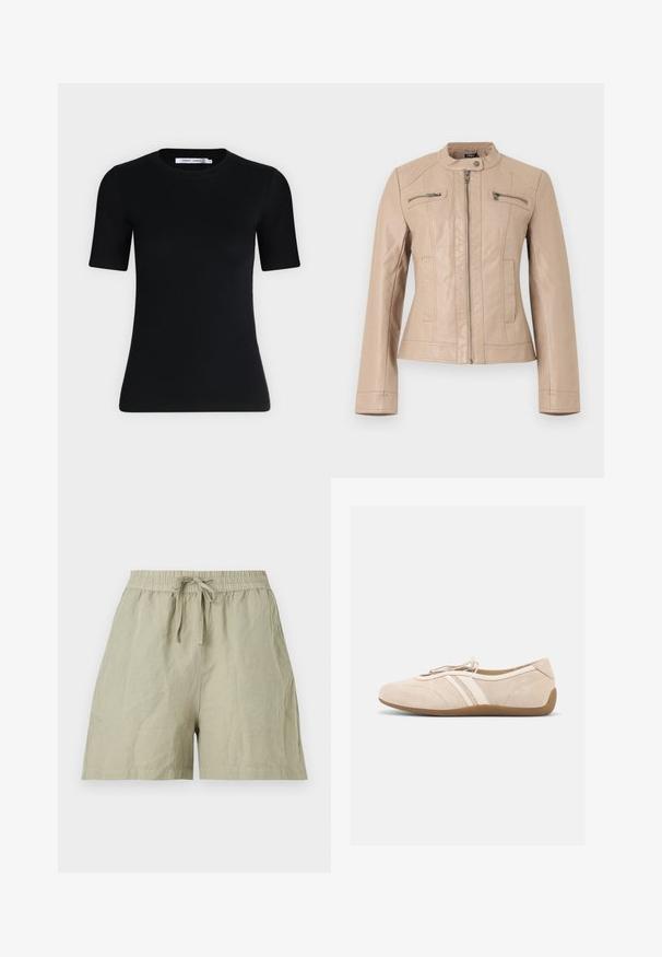 Veste en similicuir beige clair avec col montant, fermeture éclair frontale, deux poches poitrine zippées et deux poches latérales verticales.; T-shirt noir ajusté à manches courtes avec un col rond et une étiquette à l'intérieur du col sur un fond clair uni.; Shorts décontractés beige clair avec taille élastique et cordon noué à l'avant, présentés à plat sur fond blanc.; Chaussure plate en daim beige avec deux bandes en cuir blanc sur le côté, une semelle marron, et une fermeture à cordon coulissant sur le dessus.