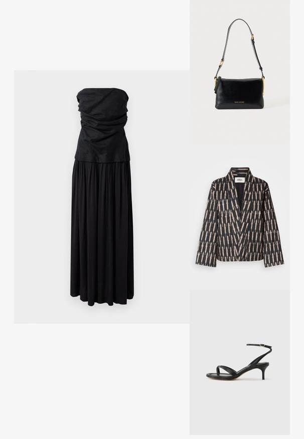 Sort stoffjakke med et geometrisk beige mønster, struktureret krave og to frontlommer, lavet af et tekstureret materiale.; Sort strapless maxi kjole med en sammensamlet bodice og flydende nederdel, lavet af blødt materiale, der har en glat tekstur og et enkelt design.; Sort damesandal i læder med tynde remme, en tå-loop, ankelspænde og en mellemhøj stiletthæl på en neutral baggrund.; Sort skuldertaske i læder med justerbar rem og guldfarvede detaljer, med lille gyldent "Marc Jacobs" logo midt foran.