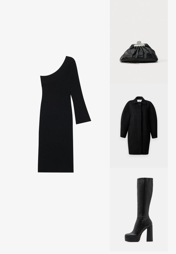 Sorte uldfrakke med krave, enkelt knaplukning og afrundede skuldre. Har to sidelommer og et minimalistisk design.; Sort ribbet strikkjole med en asymmetrisk halsudskæring og én klokkeslæbe, med en tætsiddende silhuet der går til knæ.; Sorte knæhøje støvler lavet af glat læder med en struktureret overflade, der har en høj blokhælkonstruktion og et rundt tådesign.; Sort læderclutch med samlet design, sølv hardware-lås og kæderem. Diskret logo præget foran.