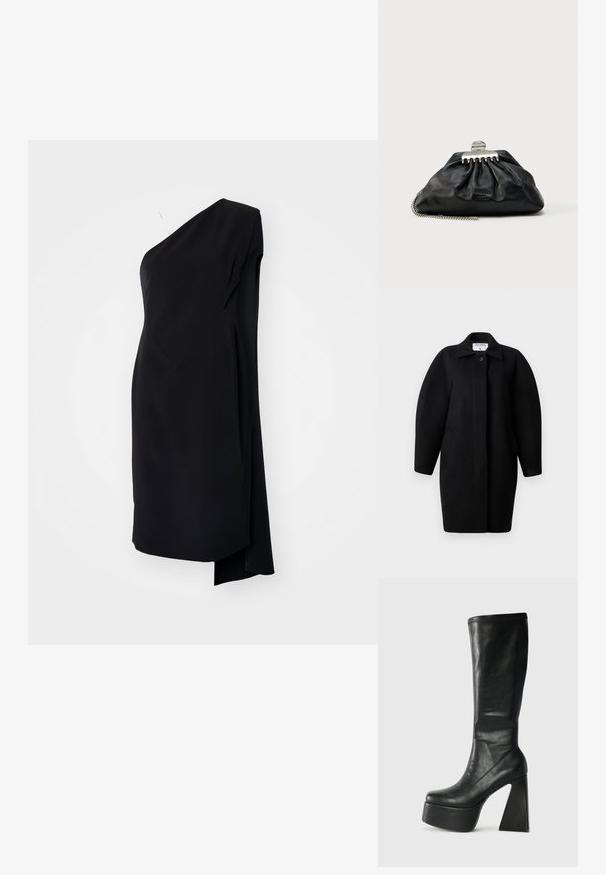 Must Black wool coat with a collared neckline, single-button closure, and rounded shoulders. Features two side pockets and a minimalist design.; Musta asümmeetriline kleit ühe õlaga, valmistatud siledast kangast, omades drapeeritud kujundust ja külgsplitit lisadetailina.; Mustaline mustast nahast kuni põlveni ulatuvad saapad, millel on paks platvorm ja geometriline kõrge konts. Sile tekstuur, mille ülemises servas on õmblustehnikaga detailid.; Mustast nahast käekott kogutud disainiga, hõbedane klamber ja ketist rihm. Esiküljel on peenelt reljeefne bränd.