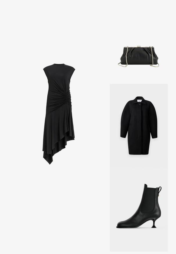 Sorte uldfrakke med krave, enkelt knaplukning og afrundede skuldre. Har to sidelommer og et minimalistisk design.; Sort ærmeløs kjole med samlet detalje på siden, der har en asymmetrisk nederdel, som draperer elegant. Blød stofstruktur.; Sort læderankelstøvle med spids snude, elastiske sidepaneler og en slank, udvidet kittenhæle på en ensartet lys baggrund.; Sort blødt læder clutch med sølv metalramme og aftagelig sølv kæderem på hvid baggrund.