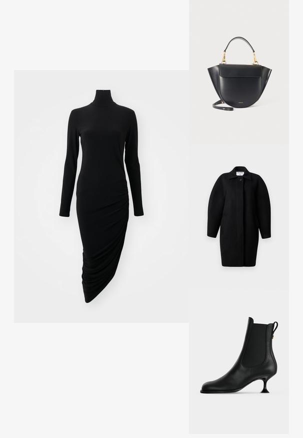 Must Black wool coat with a collared neckline, single-button closure, and rounded shoulders. Features two side pockets and a minimalist design.; Must mustriga mustard dress kõrge kaelusega, millel on ühel küljel riku disain, valmistatud siledast, venivast kangast.; Mustast nahast pahkluu saapad terava varbaosaga, elastsete külgpaneelide ja kitsaste, lehvikukujuliste madalate kontsadega heledal ühtlasel taustal.; Must nahast käekott ümarate servadega, tiibadega külgedel, kuldsete detailidega, lühikese sangaga ja eemaldatava pika rihmaga, ühtlasel heledal taustal.
