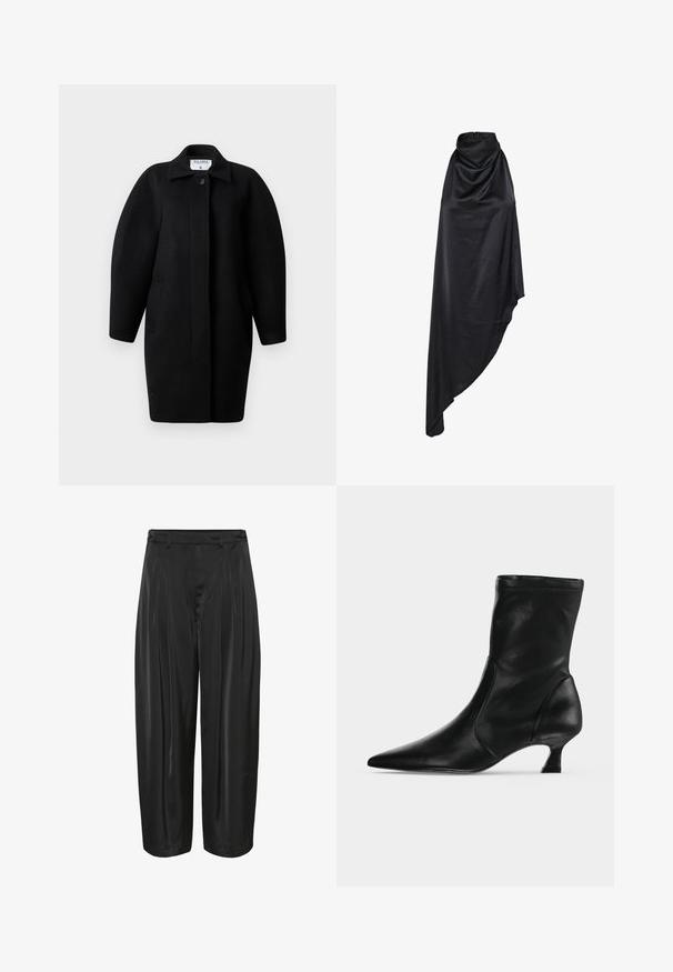 Sorte uldfrakke med krave, enkelt knaplukning og afrundede skuldre. Har to sidelommer og et minimalistisk design.; Sort ærmeløs satin kjole med høj draperet halsudskæring og asymmetrisk kant, flydende stof med en glat finish.; Sorte vide bukser med frontfolder, bæltestropper og knapjustering i siden, lavet af shiny stof.; Sort læderstøvle til midt på læggen med spids tå og lav kittenhæl, vist fra siden på en ensartet lys baggrund.