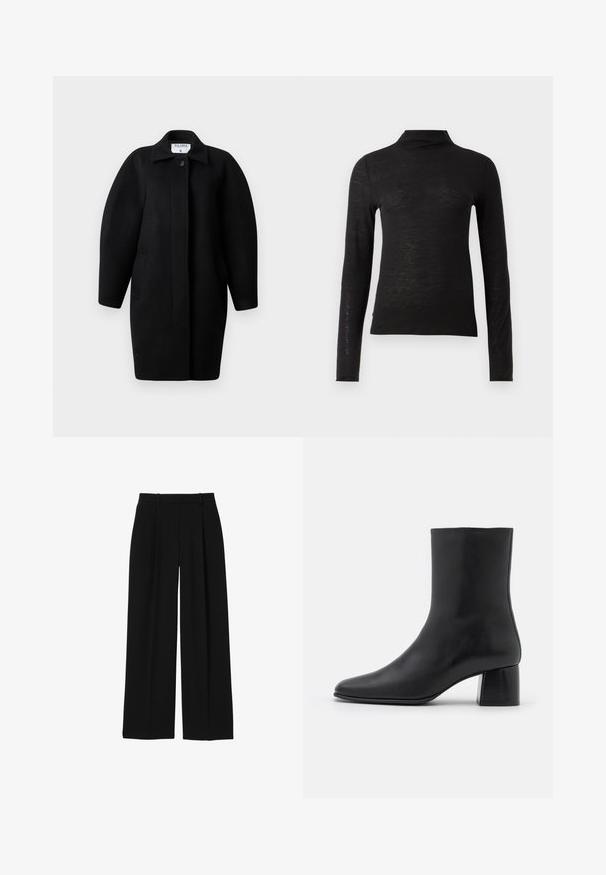 Sorte uldfrakke med krave, enkelt knaplukning og afrundede skuldre. Har to sidelommer og et minimalistisk design.; Sort langærmet turtleneck top lavet af et struktureret materiale, med en tætsiddende pasform og minimalistisk design uden synlige mønstre eller metaldele.; Sorte bukser med høj talje og vidde i benene med bæltestropper og forreste presninger, vist på hvid baggrund.; Sorte læder ankelstøvler med spids tå og en kraftig firkantet hæl. Glat overflade med et sømløst design og minimalistisk syning.