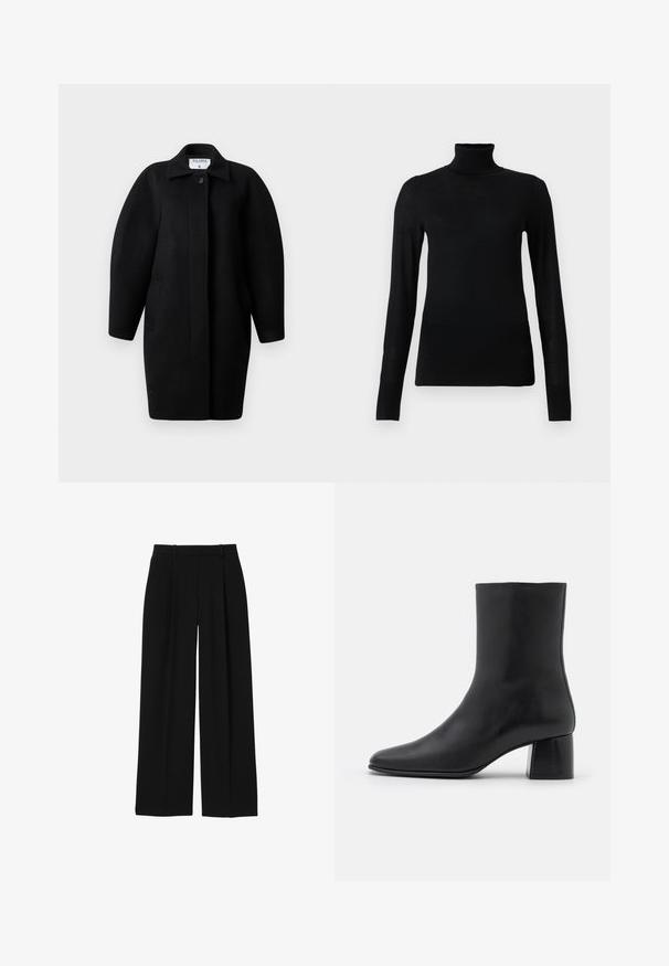 Sorte uldfrakke med krave, enkelt knaplukning og afrundede skuldre. Har to sidelommer og et minimalistisk design.; Sort turtleneck sweater lavet af blødt, letvægtsmateriale. Har lange ærmer og en tætsiddende stil med høj krave.; Sorte bukser med høj talje og vidde i benene med bæltestropper og forreste presninger, vist på hvid baggrund.; Sorte læder ankelstøvler med spids tå og en kraftig firkantet hæl. Glat overflade med et sømløst design og minimalistisk syning.