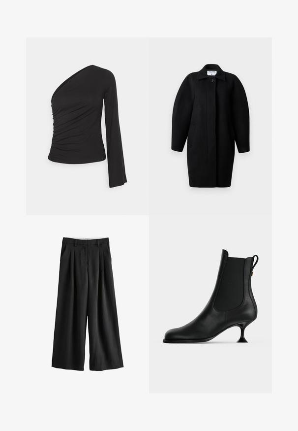 Sorte uldfrakke med krave, enkelt knaplukning og afrundede skuldre. Har to sidelommer og et minimalistisk design.; Asymmetrisk langærmet top i sort, med en sammensamlet side for tekstur og en tætsiddende silhuet. Lavet af blødt, strækbart materiale.; Sorte bukser med vide ben med plisseringer ved taljen, bæltestropper, sidelommer og en lige kant.; Sort læderankelstøvle med spids snude, elastiske sidepaneler og en slank, udvidet kittenhæle på en ensartet lys baggrund.