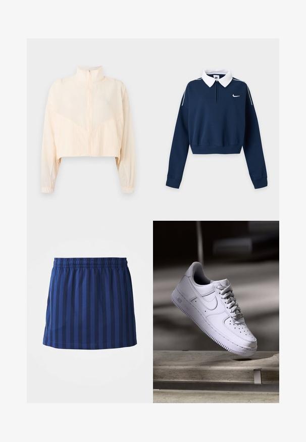 Hellbeige Reißverschlussjacke mit hohem Kragen, langen Ärmeln und elastischen Bündchen, präsentiert vor einem schlichten hellen Hintergrund.; Dunkelblaues, langärmliges Cropped-Sweatshirt mit weißem Kragen, kleinem weißem Nike-Swoosh-Logo auf der linken Brust und weißer Paspel an den Schultern.; Marineblauer Rock mit vertikalen Streifen, elastischer Taille, mittellange Länge, aus leichtem Stoff, glatte Textur.; Weißer Nike Air Force 1 Sneaker schwebt über einer Betonoberfläche mit Schatten in einem minimalistischen Umfeld.