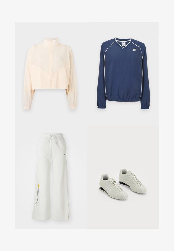 Svetločižová bunda so zipsom, vysokým golierom, dlhými rukávmi a elastickými manžetami, zobrazená na jednoduchom svetlom pozadí.; Tmavomodrý pulóver Nike s dlhým rukávom a výstrihom do V, bielym lemovaním pozdĺž švov a elastickými manžetami a spodným okrajom. Na ľavej strane hrude je umiestnené logo.; Biele široké teplákové nohavice s elastickým pásom, šnúrkou, bočnými rozparkami, čiernym logom Nike a kontrastným žltým grafickým textom.; Biele tenisky Nike s textúrovaným zvrškom, s hladkým krytom priehlavku a čiernymi akcentmi na polstrovaní. Viazací štýl s vystuženou pätou.