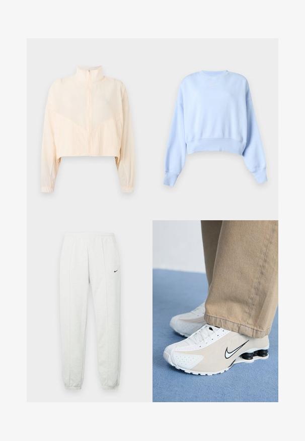 Chaqueta beige claro con cremallera, cuello alto, mangas largas y puños elásticos, mostrada sobre un fondo claro y liso.; Sudadera corta azul claro con mangas largas, puños y dobladillo acanalados, y pequeño logo blanco de Nike en el pecho sobre un fondo liso.; Pantalones deportivos Nike de color gris claro con una cintura elástica, puños ajustados y un pequeño logo negro en el muslo izquierdo. Tela suave y texturizada.; Zapatillas Nike blancas y beige con diseño perforado, logo de swoosh negro, parte superior texturizada y distintivo talón negro elástico.