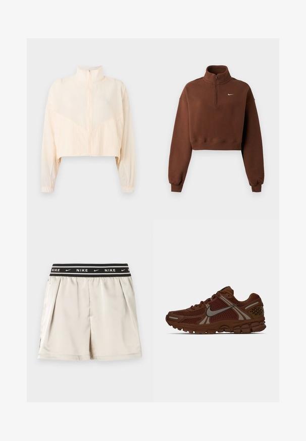 Lichtbeige jas met rits, hoge kraag, lange mouwen en elastische manchetten, getoond tegen een effen lichte achtergrond.; Bruine cropped sweatshirt met lange mouwen, kwart ritssluiting kraag, geribde boorden en zoom, met klein wit Nike-logo op de borst.; Lichtbeige Nike-short met zwarte elastische tailleband met wit Nike-logo en swoosh-patronen, getoond tegen een effen achtergrond.; Bruine Nike hardloopschoen met meshpanelen, rubberen zool en reflecterend swoosh-logo aan de zijkant, weergegeven in rechterprofielweergave.