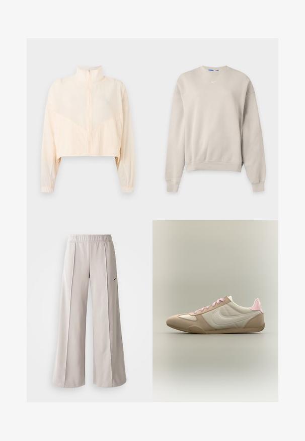 Chaqueta beige claro con cremallera, cuello alto, mangas largas y puños elásticos, mostrada sobre un fondo claro y liso.; Sudadera Nike beige claro con cuello redondo, mangas largas, puños y bajo acanalados, y pequeño logo blanco de Nike swoosh en el pecho.; Pantalones de pierna ancha en gris claro, confeccionados con una tela suave. Presentan una cinturilla elástica y el logotipo negro de Nike en el lado izquierdo.; Zapatilla de perfil bajo en beige y blanco con cordones rosas y detalle en el talón, mostrando el logo de Nike en el lateral sobre un fondo liso.